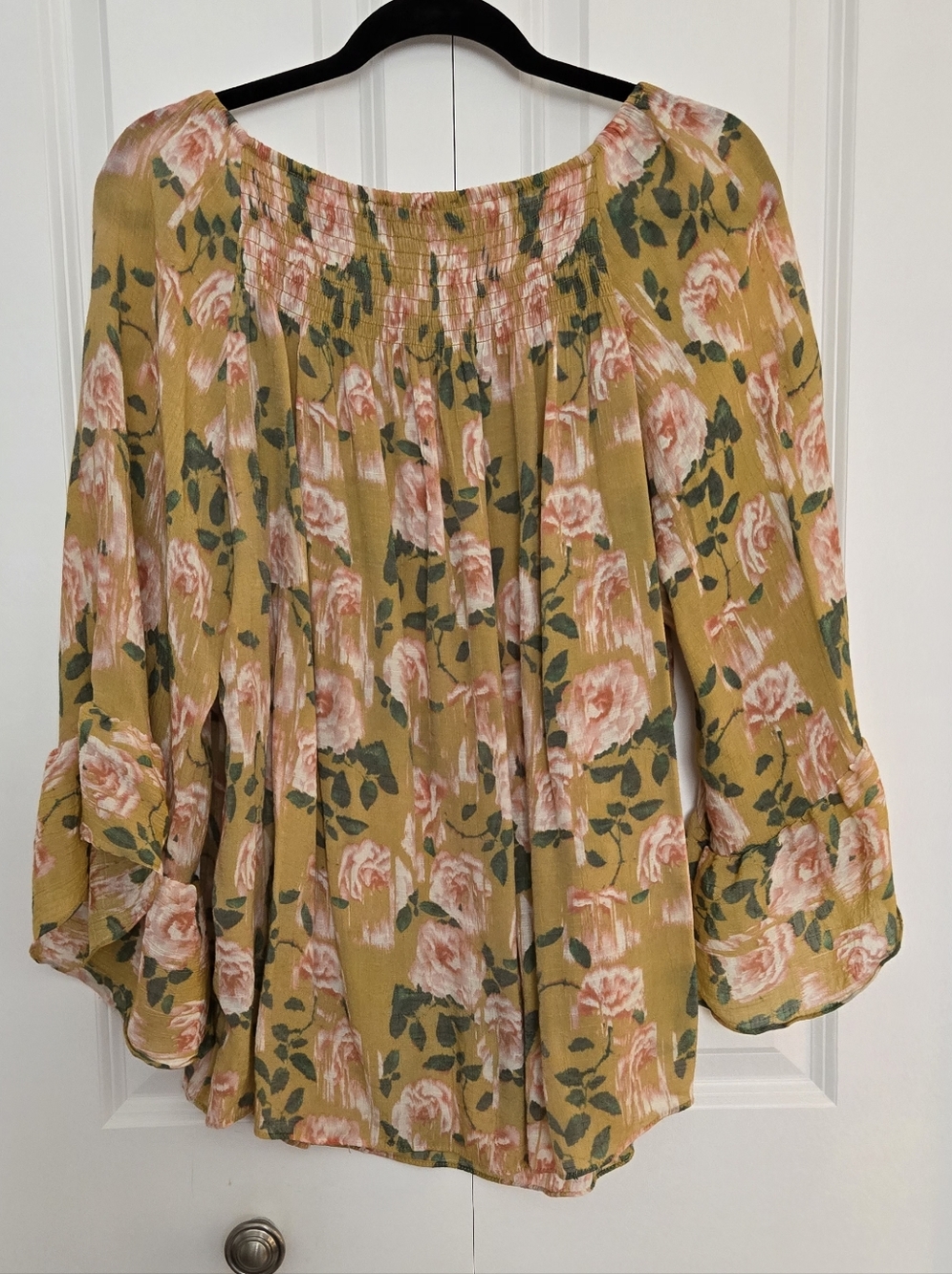 Floral Smocked Mustard Tunic with Pink Rose Print - Picture 2 of 6